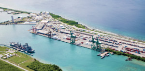 A U.S. Department of Agriculture loan in late 2011 and early 2012 allowed the Port Authority of Guam to purchase the three green cranes shown here from Matson from the Port of Los Angeles, bringing Guam’s number of operational cranes to four. The oldest crane, shown far left, has been decommissioned. Photo courtesy of the Port Authority of Guam