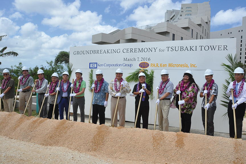 Ken Corp. and P.H.R. Ken Micronesia Inc. held a groundbreaking on March 7 for the company’s new 340-room hotel, the Tsubaki Tower next to Hotel Nikko Guam in Tumon. Photo by Lara Ozaki